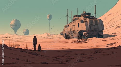 illustration anime style sci-fi fantasy scenery of desert wasteland, Generative Ai