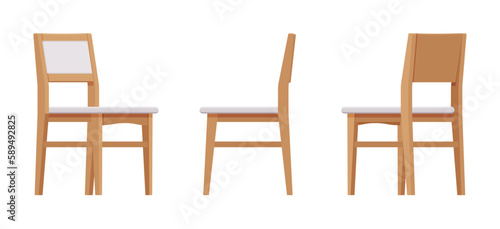 Dining side chairs  natural light brown set. Kitchen space bistro room  classic design. Vector flat style cartoon home  office furniture articles isolated on white background front  side  rear view