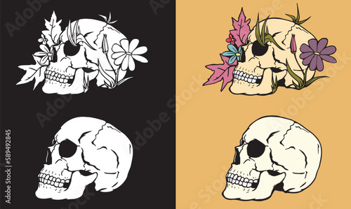 set of hand drawn vintage skull illustration