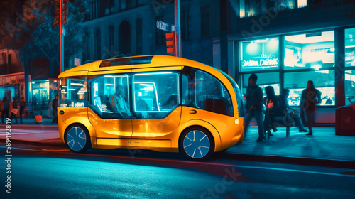 An inviting image of a modern, autonomous electric taxi in a city street, showcasing the future of sustainable, on-demand urban transportation solutions