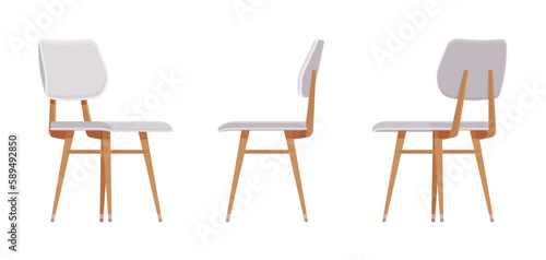 Comfortable family leisure light chair set. Kitchen, dining room, commercial, living space. Vector flat style cartoon home, office furniture articles isolated, white background front, side, rear view