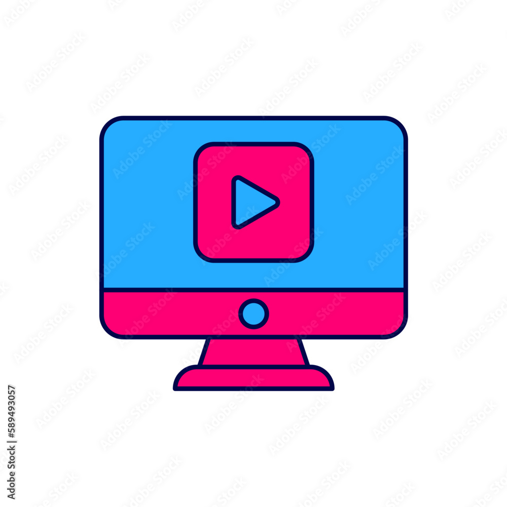Filled outline Online play video icon isolated on white background. Computer monitor and film strip with play sign. Vector Filled outline Online play video icon isolated on white background. Computer monitor and film strip with play sign. Vector