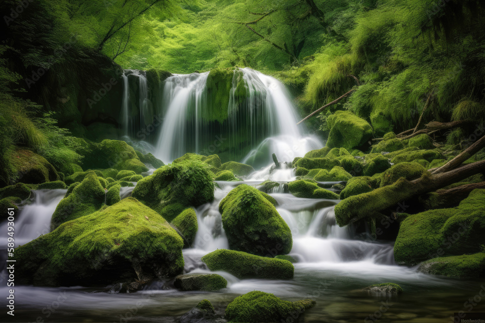 Waterfall cascades in a green forest, AI Generative Waterfall cascades in a green forest, AI Generative