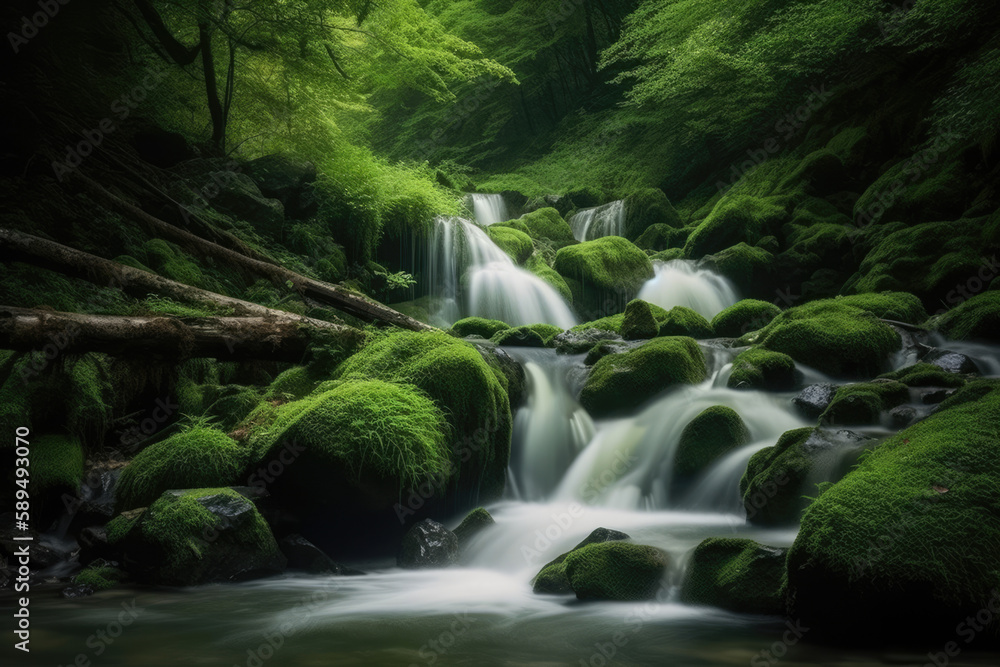 Waterfall cascades in a green forest, AI Generative Waterfall cascades in a green forest, AI Generative