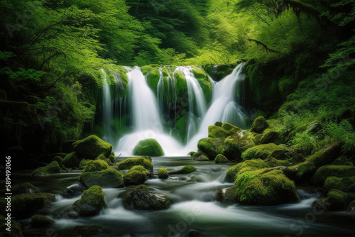 Waterfall cascades in a green forest, AI Generative © DarkKnight