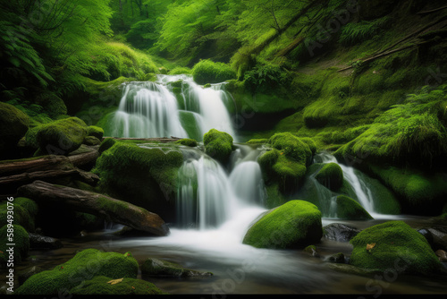 Waterfall cascades in a green forest, AI Generative