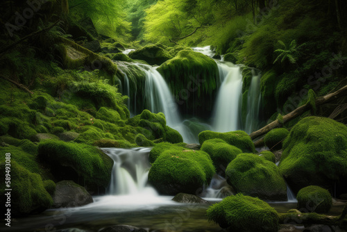 Waterfall cascades in a green forest  AI Generative