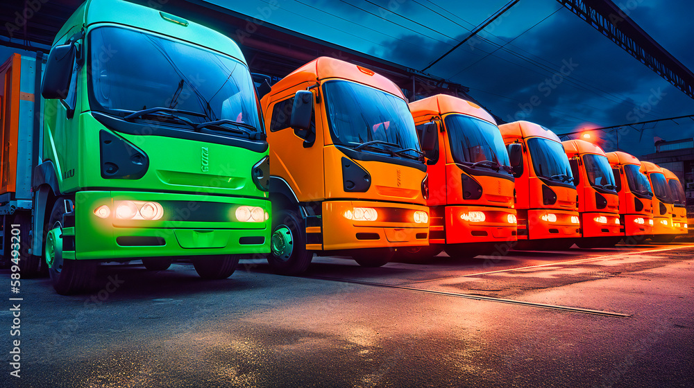 A compelling image of a fleet of futuristic electric cargo trucks, highlighting the sustainable future of the freight transportation industry