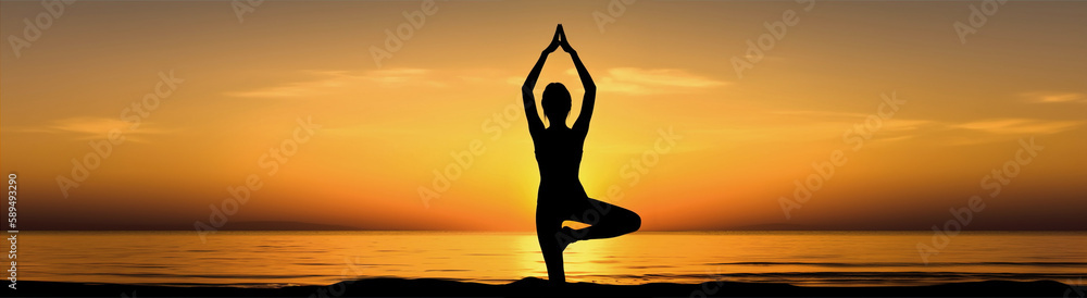 Silhouette of young woman practicing yoga by the sea at sunset. Harmony, self care, relaxation exercises,  healthy lifestyle and meditation concepts. Created using generative AI tools