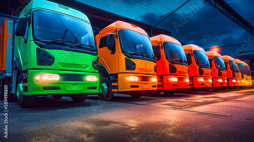 A compelling image of a fleet of futuristic electric cargo trucks, highlighting the sustainable future of the freight transportation industry