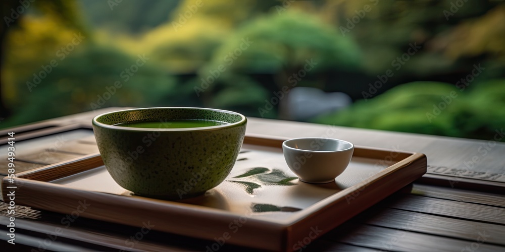 Japanese green tea in Zen garden. Generative AI Japanese green tea in Zen garden. Generative AI