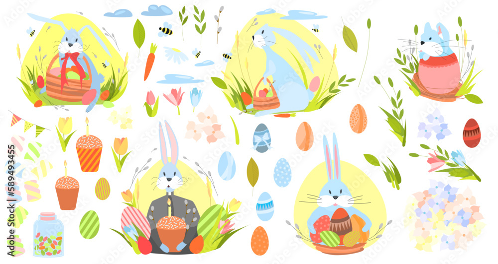 Fototapeta premium set of vector elements on the theme of Easter with Easter eggs and rabbits, flowers, bees, clouds and tulips, with marshmallows, with chocolate eggs, with willow branches