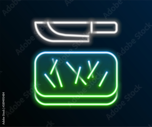 Glowing neon line Cutting board and knife icon isolated on black background. Chopping Board symbol. Cutlery symbol. Colorful outline concept. Vector