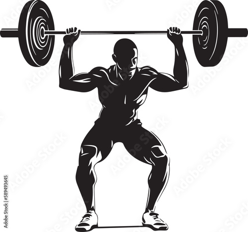 Bodybuilder male with barbell silhouette, fitness gym graphics isolated on white background vector illustration