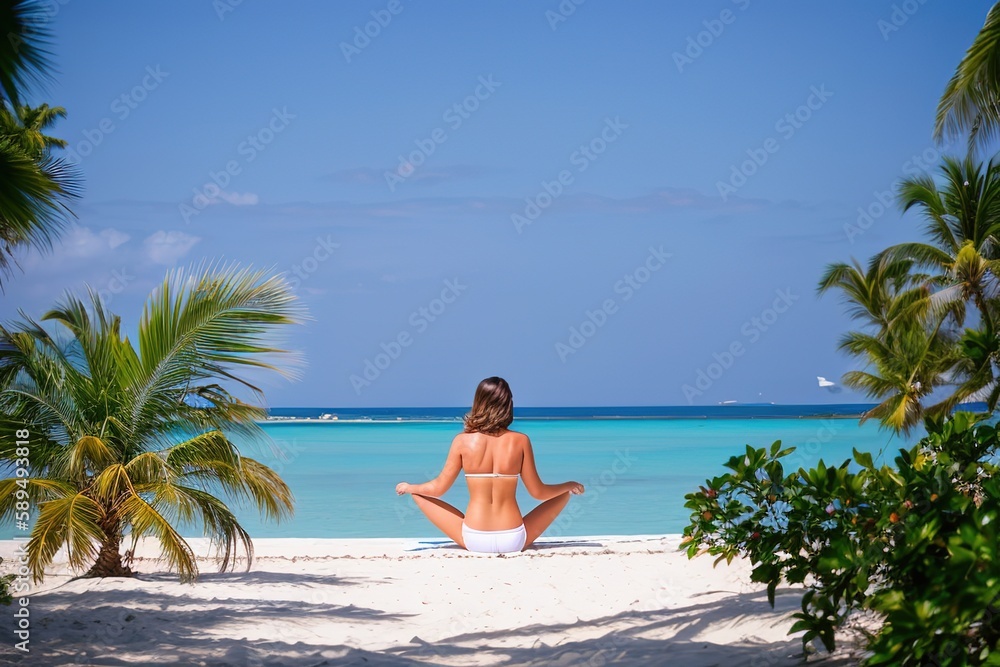A young woman relaxes on the shore of a tropical island under palm trees. Generative AI.