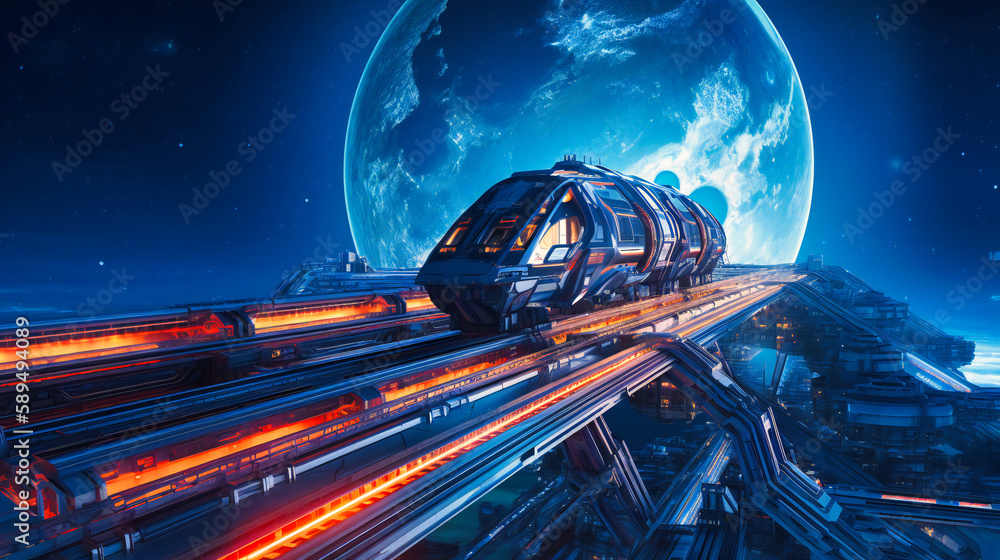 A mesmerizing image of a futuristic platform with a train, effortlessly hovering among the clouds
