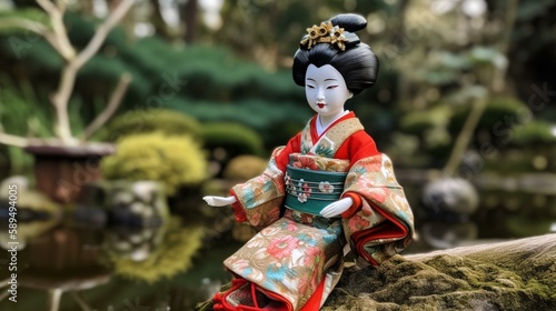 A traditional Japanese doll with a kimono, a fan, and a delicate hairstyle, standing in a Japanese garden with a koi pond and a pagoda. Generative AI