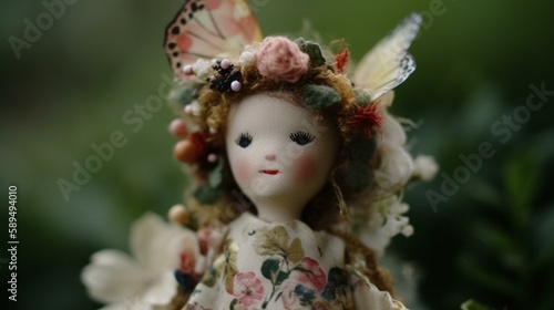 A flower fairy doll with delicate wings, a floral head. Generative AI