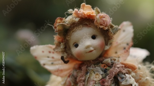 A flower fairy doll with delicate wings  a floral head. Generative AI