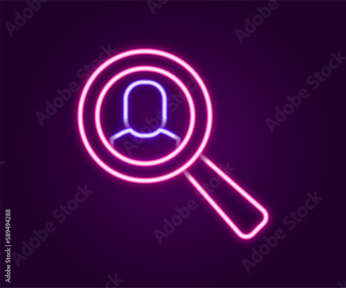 Glowing neon line Magnifying glass for search job icon isolated on black background. Recruitment or selection concept. Search for employees and job. Colorful outline concept. Vector