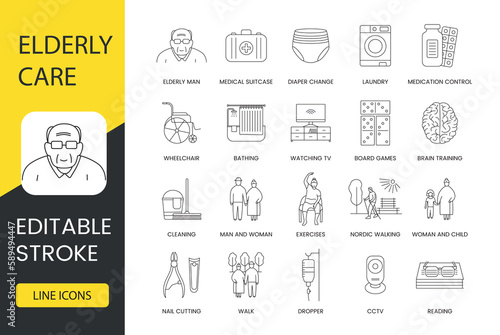 Elderly care in nursing home line icons set in vector, elderly man and medical suitcase, board games and medication control, diaper change and laundry, wheelchair and bathing. Editable stroke.