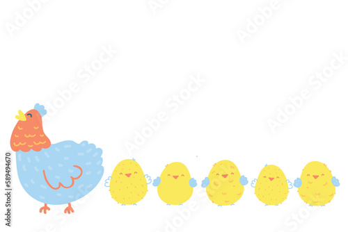 Chickens flat vector illustration. Multicolor chicks, hens cartoon isolated design elements with outline. bird breeding. Poultry farm, animal husbandry. Doodle Set of birds for Easter