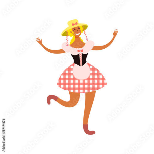 Festa Junina girl, woman dancer in traditional costume character illustration. Hand drawn cartoon vector, isolated on white. Brazilian holiday, Saint John festival, party, carnival design element