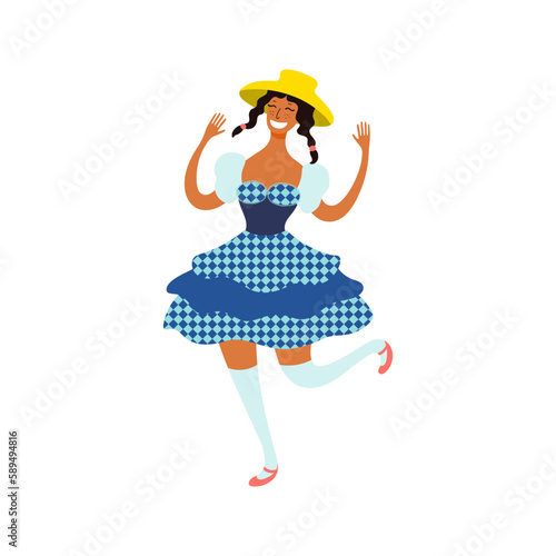 Festa Junina girl, woman dancer in traditional costume character illustration. Hand drawn cartoon vector, isolated on white. Brazilian holiday, Saint John festival, party, carnival design element