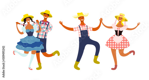 Festa Junina group of dancers in traditional costumes character illustration. Hand drawn cartoon vector, isolated on white. Brazilian holiday, Saint John festival, party, carnival design element