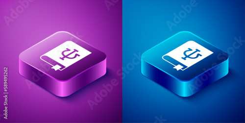 Isometric Psychology book icon isolated on blue and purple background. Psi symbol. Mental health concept, psychoanalysis analysis and psychotherapy. Square button. Vector