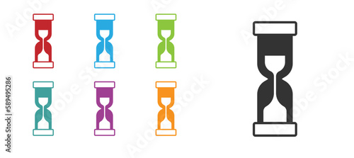 Black Old hourglass with flowing sand icon isolated on white background. Sand clock sign. Business and time management concept. Set icons colorful. Vector