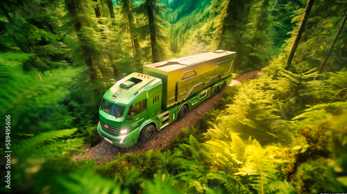 A futuristic electric cargo truck on a green forest mountain, showcasing power and eco-friendliness