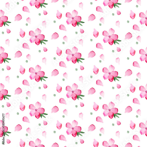 Seamless floral pattern with pink flowers and petals, hand painted with watercolor. Romantic elegant design can be used for textile, packaging, napkins decorations and for weddings or party invitation