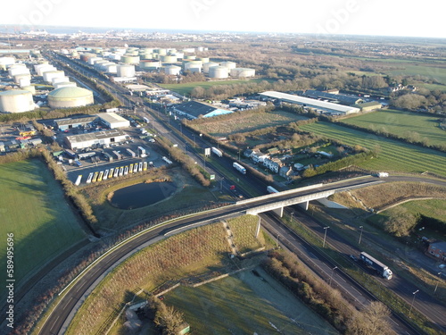 Aerial shot of a bridge crossing the highway