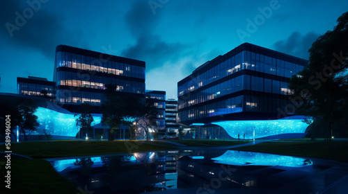 A futuristic university campus with neon lighting Generative AI