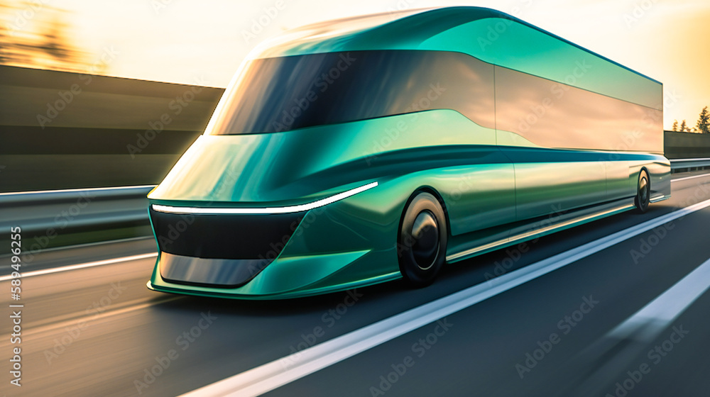 A futuristic electric cargo truck on the highway, showcasing the future of sustainable transportation