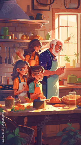 Mom grandpa and daughters together cooking breakfast in kitchen. Family gather together to prepare food, happily family, generative ai