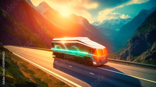 A futuristic electric cargo truck on the highway, surrounded by a breathtaking mountain landscape