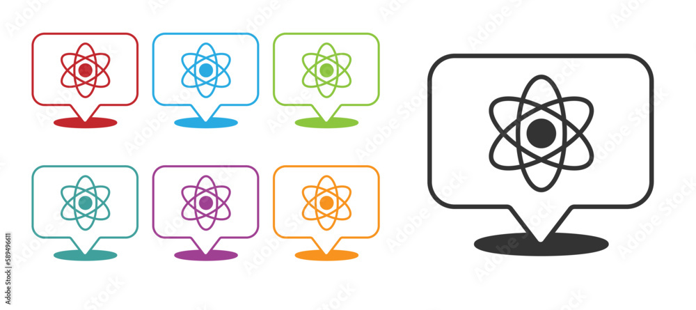 Black Atom icon isolated on white background. Symbol of science, education, nuclear physics, scientific research. Set icons colorful. Vector