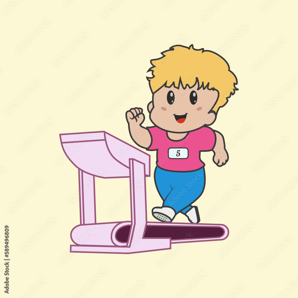 Boy running on a treadmill. Healthy sport content.
