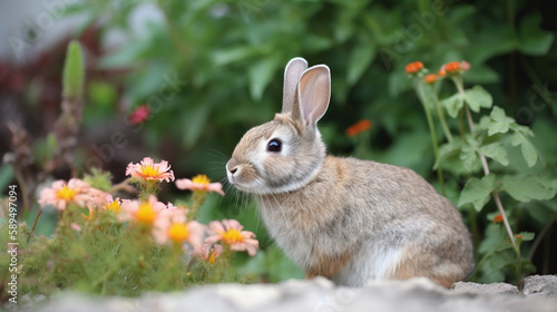 Rabbit in a flower garden Generative AI