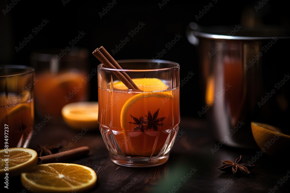 close up spice and fruit drink, glass of infused water of orange with cinnamon and star anise infused tea, Generative Ai close up spice and fruit drink, glass of infused water of orange with cinnamon and star anise infused tea, Generative Ai