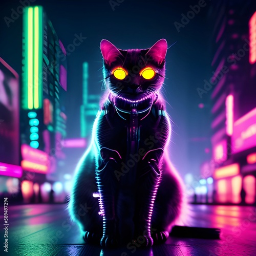 Cyberpunk cat in neon city. Neon colors.