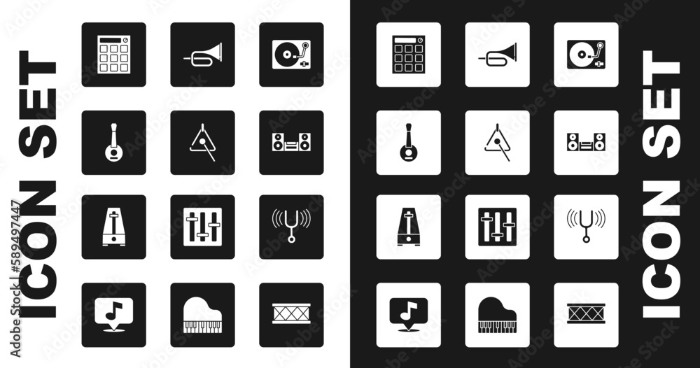 Set Vinyl player with vinyl disk, Triangle, Banjo, Drum machine, Home stereo, Trumpet, Musical tuning fork and Metronome pendulum icon. Vector Set Vinyl player with vinyl disk, Triangle, Banjo, Drum machine, Home stereo, Trumpet, Musical tuning fork and Metronome pendulum icon. Vector