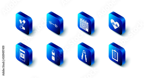 Set Barbell, Calendar fitness, Heart rate, Sport training program, expander, Bottle of water, Anabolic drugs and Vitamin pill icon. Vector