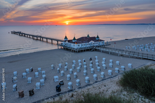 Pier and beach chairs on the beach of Ahlbeck, Usedom Island, Baltic Sea, Mecklenburg-Western Pomerania, Germany photo