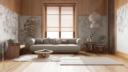 Japandi living room with wallpaper and wooden walls in white and beige tones. Parquet floor  fabric sofa  carpets and decors. Japanese interior design