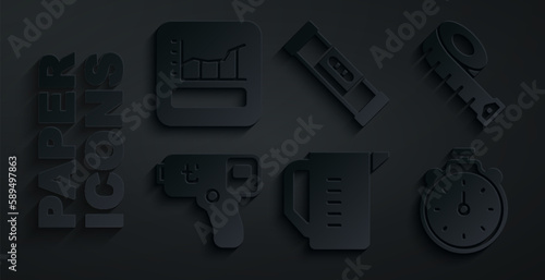 Set Measuring cup, tape, Digital thermometer, Stopwatch, Construction bubble level and Graph, schedule, chart, diagram icon. Vector