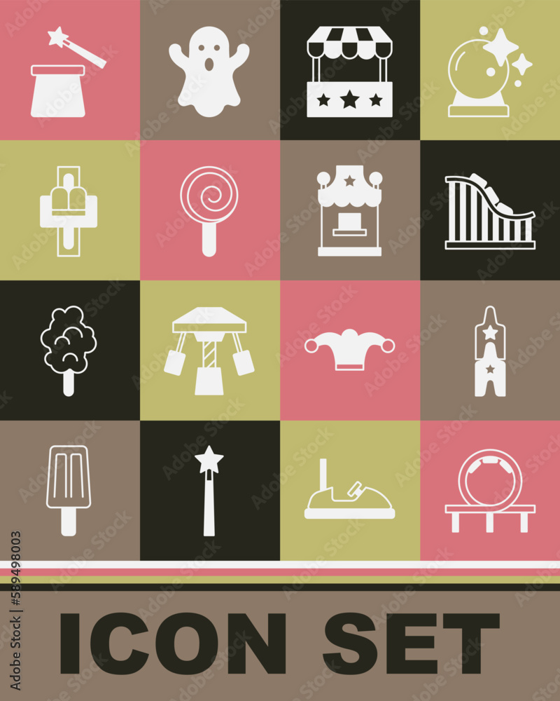 Set Roller coaster, Circus ticket, Ticket box office, Lollipop, Attraction carousel, Magic hat and wand and icon. Vector Set Roller coaster, Circus ticket, Ticket box office, Lollipop, Attraction carousel, Magic hat and wand and icon. Vector