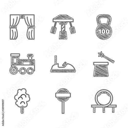 Set Bumper car, Lollipop, Roller coaster, Magic hat and wand, Cotton candy, Toy train, Weight and Circus curtain raises icon. Vector